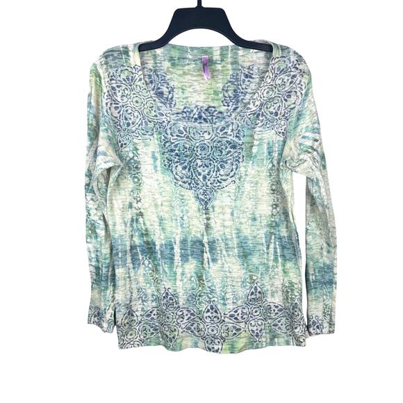 Kiara Tops - Kiara‎ Women's Studded Long Sleeve Ribbed Scoop Neck Patterned Top - Size Large